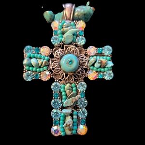 Turquoise and Silver Gemstone & Rhinestone Statement Cross Necklace